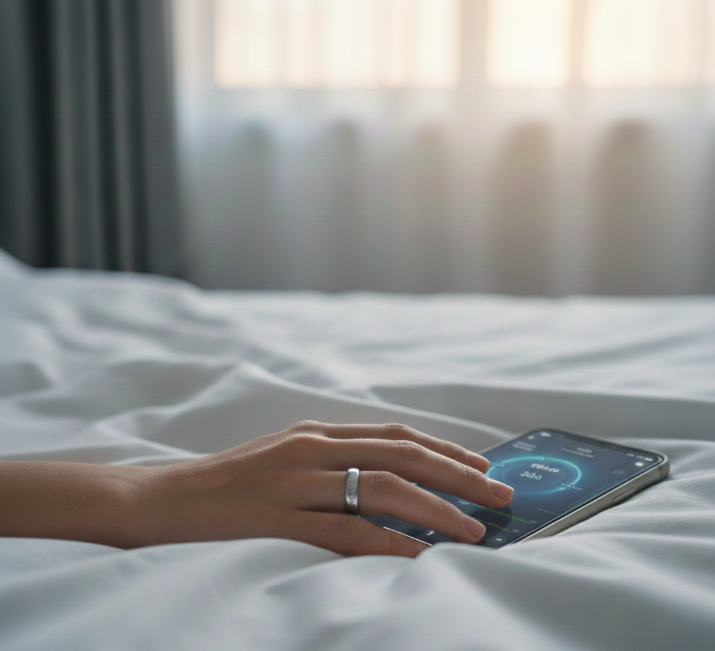 右手の薬指にリングを付けている様子