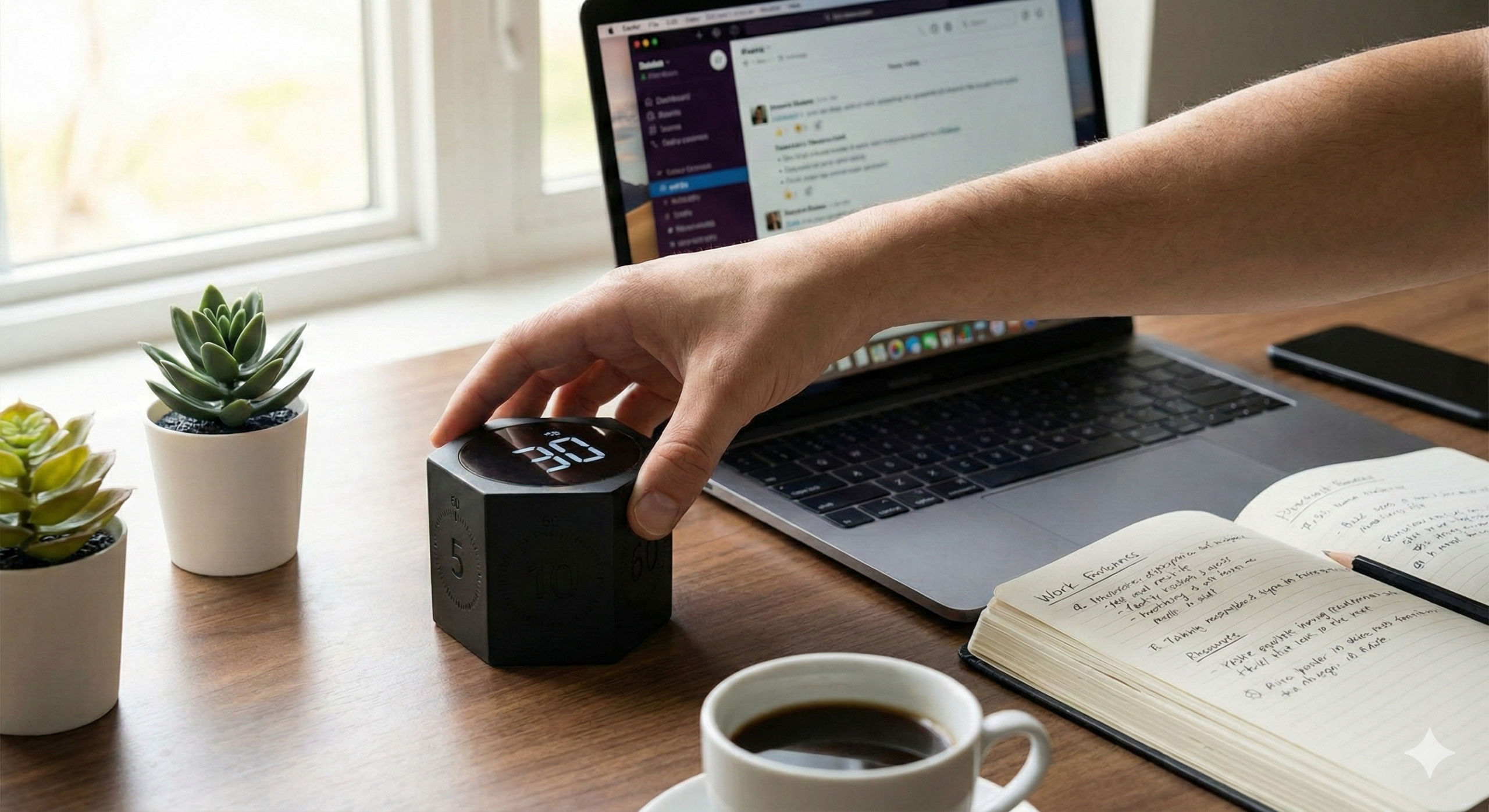 デスク上にパソコンや本と一緒に置かれた真っ黒のポモドーロタイマーの画像